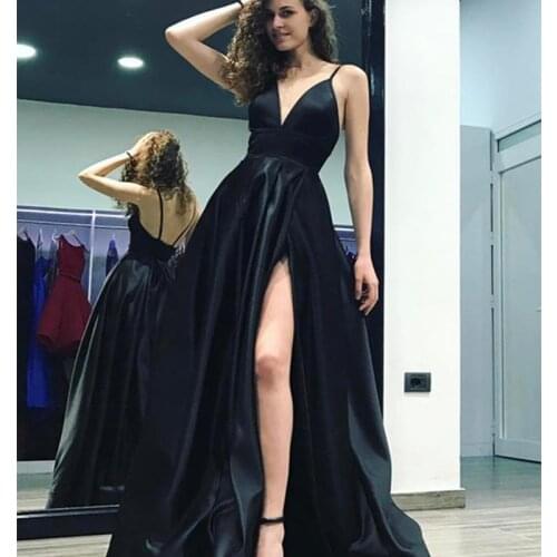Beautiful Spaghetti Straps Black Satin High Slit A Line Women Formal Evening Dresses Gowns