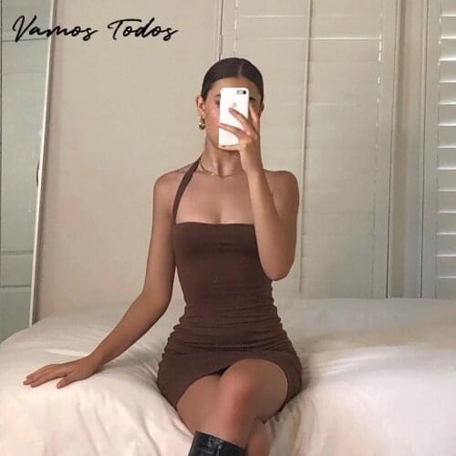 Vamos Todos 2021 Summer Neck-Mounted Bottoming Bodycon Dress For Women Sleeveless Slim Sexy Dress For Party Club Solid Vestidos