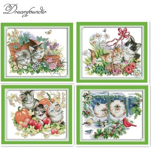 Four seasons cats cross stitch kit spring summer autumn winter 14ct 11ct count canvas embroidery DIY handmade needlework plus