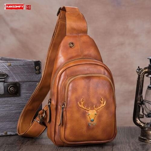 Retro Leather Men Chest Bag Mens Shoulder Messenger Bag Small Bags Head Layer Cowhide Casual Handmade Soft Genuine Leather Male