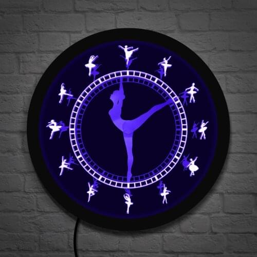 Ballerina Figurines LED Lighting Wall Clock Ballerina Silhouette Artwork Ballet Room Decorative Clock Ballet Gifts for Girls