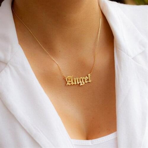 New Cute Angel Old English Font Necklace Stainless Steel Letter Pendants Lovely Gift for the Women Girls