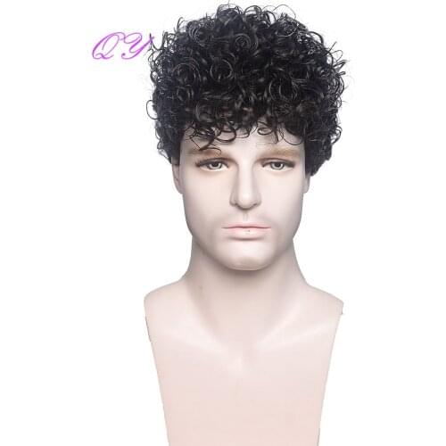 QY Hair Synthetic Men Wig Black Curly Short Natural Daily Use Hair Wigs With High Temperature Fiber