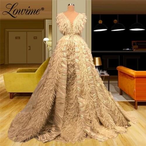 Feathers Moroccan Caftan Formal Evening Dresses 2021 Robe De Soiree V Neck Long Prom Dresses Celebrity Party Gowns Vestidos