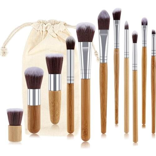 Ronshadow 11Pcs Natural Bamboo Makeup Brushes Exquisite Cloth Bag Eye Shadow Foundation Powder Eyeliner Beauty Brush Set Tool