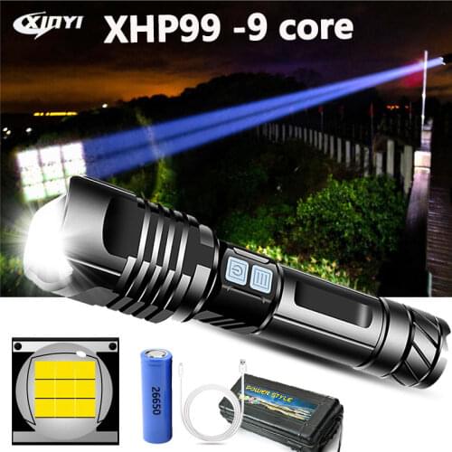 90000LM Most Powerful XHP99-9core LED Flashlight Tactical waterproof Torch 3modes XHP90 Zoomable Hunting camping lamp use 26650