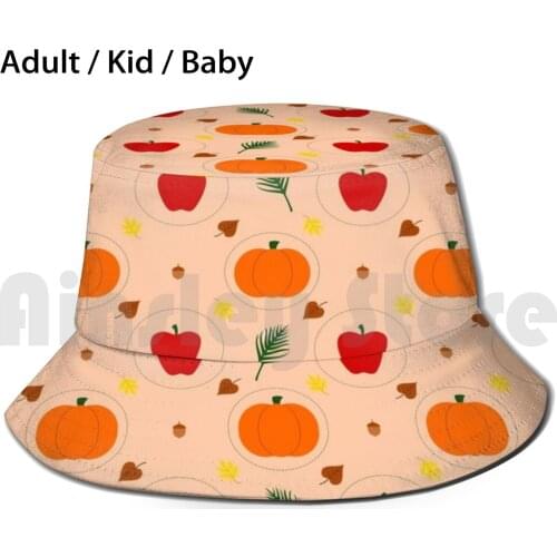 Fall Season Sun Hat Foldable UV Protection Pattern Fall Autumn Pumpkins Leaves Acorns Apples Cute Vector Art Orange