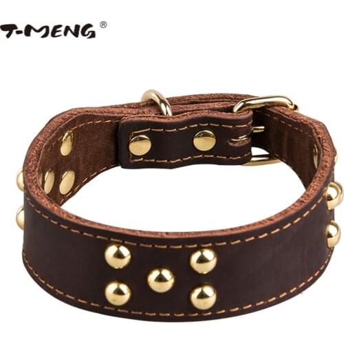 T-MENG Genuine Leather Pet Dog Collar Spiked Studded Mushroom Nail Starp High Quality Durable Pet Product Neck Belt Accessories