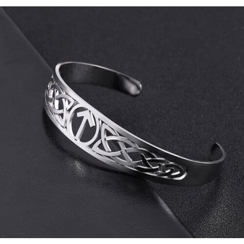 Teamer Vintage Viking Bangles Runes Open Cuff Bracelets Triskel Celtics Knot Black Stainless Steel Jewelry for Women Men