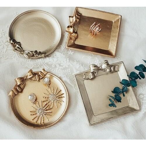 Vintage Gold Storage Trays Round Jewelry Cosmetics Home Decor Accessories Display Plate Rack Earring Lipsticks Keys Holder Stand