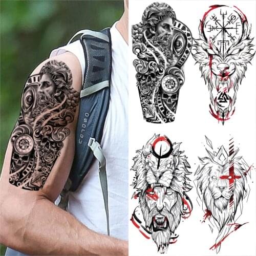 3D God Compass Temporary Tattoos For Men Adults Realistic Fake Lion King Tattoo Sticker Unique Forearm Half Sleeve Tatoo Armband