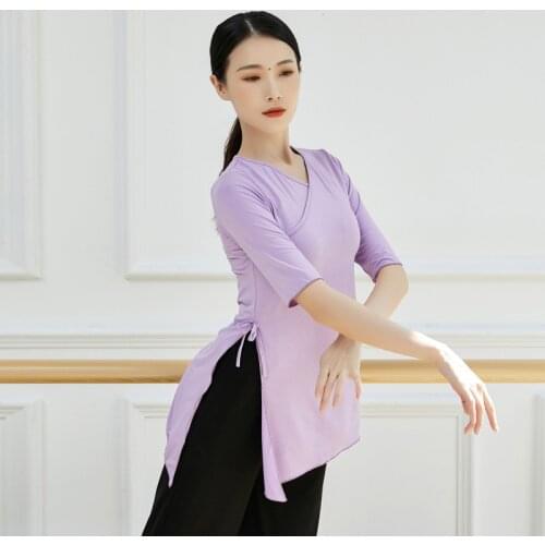 Adult Modal Belly Dance T Shirt V Neck Split Asymmetric Hem Top Flare Sleeve Costume for Women Dancing Clothes Dancer Wear