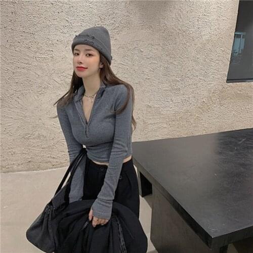 Autumn and winter high waist short long sleeve top women high street fashion high neck zipper t-shirt ins wind clothes European