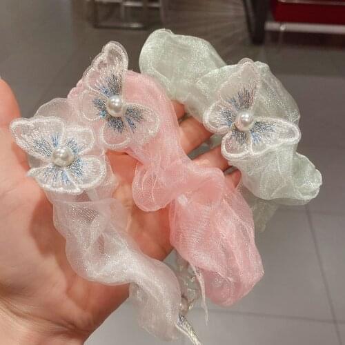 2021 New Cute Fairy Hair Accessories Kawaii Butterfly Scrunchie Women Pearl Elastic Rubber Band Organza Fabric Hair Ring Rope