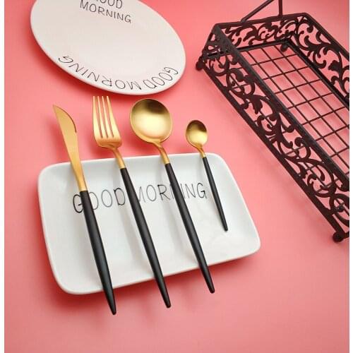 Hot Sale 4pcs Black Gold Dinnerware 304 Stainless steel Knife Fork Spoon Western Cutlery Kitchen Food Tableware Flatware Set