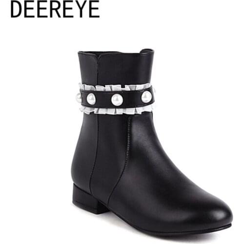 New Laces Pearls Womens Winter Rubber Ankle Boots Short Plush Lovely Sweet Zipper Lolita Cosplay Low Heel Shoes Size 48 HBE418