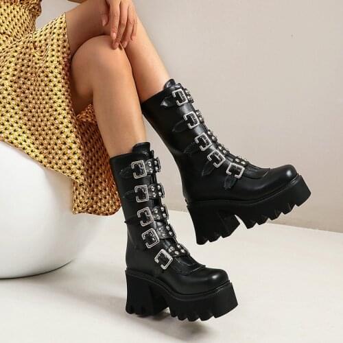 Brand New Motorcycle Boots Women Platform Chunky High Heels Rivet Buckle Womens Boots 2021 Fashio Punk Botas De Mujer
