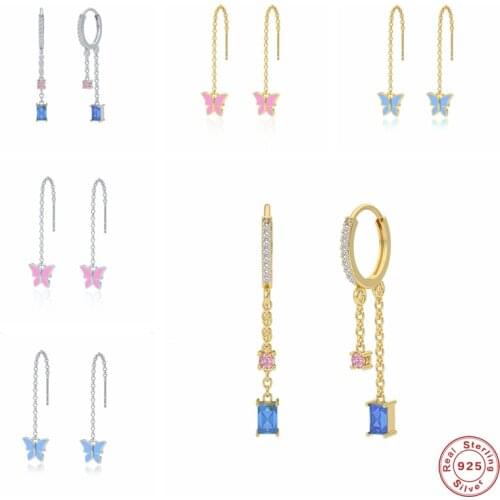 GS 925 Sterling Silver Long Thin Chain Tassel Drop Earring For Women Gift Blue Pink Enamel Butterfly Pendant Threader Earrings