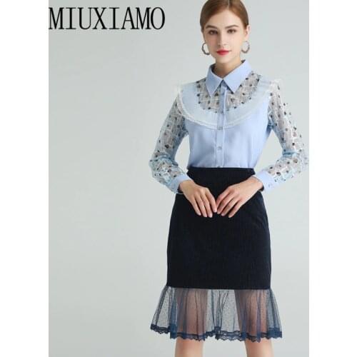 MIUXIMAO 2021 Spring Summer Women Long Sleeve Ruffle Edge Perspective Fashion Shirt Black Skirt Fashion Suit Two Piece Set