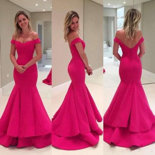 2020 Elegant Fuchsia Mermaid Prom Dresses Off The Shoulder Ruched Satin Simple Sexy Backless Long Sweep Train Evening Dresses