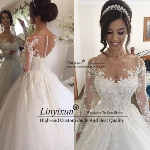 A line Lace Wedding Dresses for Women Elegant Bead Long Sleeve платьедля свадебной вечеринки Plus Size Vestidos De Noiva 2021