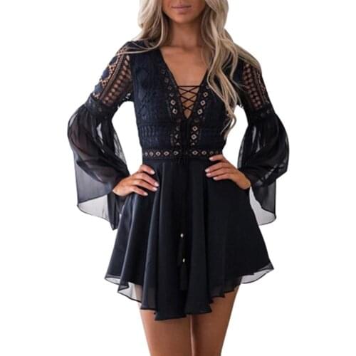 Sexy V Neck Womens Spring Summer Dress Long Flared Sleeve Mini Dress Crochet Hollow out Sexy Chiffon Bandage Mini Dress 2020