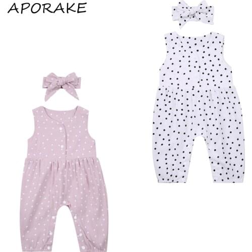2021 0-18M Infant Baby Girl Sweet Romper Summer Dot Print Sleeveless Button One Piece Jumpsuit+Headband