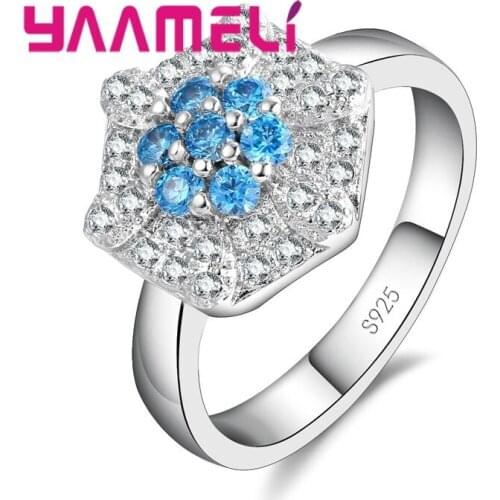 925 Sterling Silver Wide Face Ring Classic Retro Style Geometric Pattern Hexagon Dotted Multicolor Crystal Flower Girl