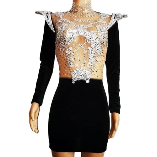 Sparkly Diamonds Black Corduroy Mini Dresses Skinny Stretch Women Dresses Prom Party Birthday Celebrate Costumes Lady Stage Wear