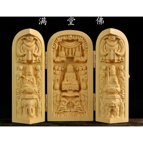 Buddhism sacred holy # traveling altar- efficacious Talisman Protection Buddha Sukhavati Elysium Sculpture Wood carving statue