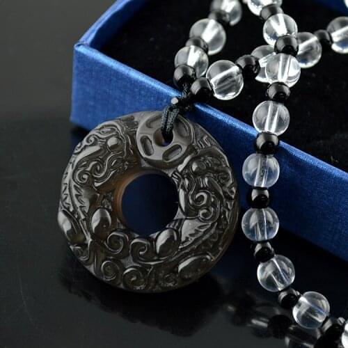 5pcs Natural Black Ice Type Of Obsidian Donut With Pixiu Carved Pendant 24'' Clear Crystal Chain Necklaces