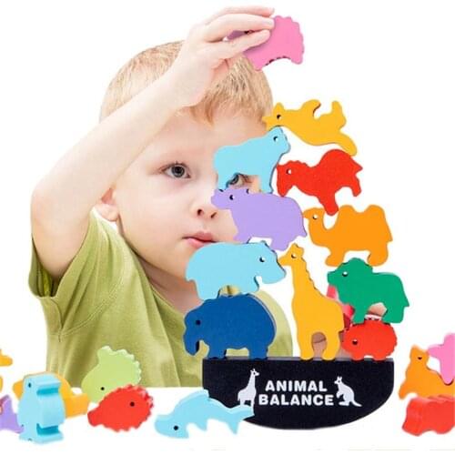 Childrens Montessori Animal Balance Building Blocks Board Game Toys Dinosaur Stacks High Educational Wooden Toys Gifts for Boys