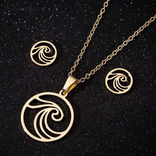 Jisensp Korean Fashion Stainless Steel Jewelry Ocean Waves Charms Necklace Earrings for Women Summer Beach Jewelry bijoux