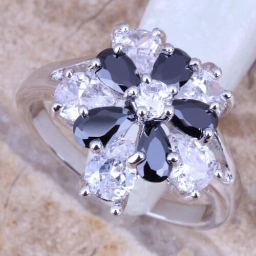 Astonishing Black Cubic Zirconia White CZ Silver Plated Womens Jewelry Ring Size 6 / 7 / 8 / 9 R0777