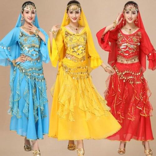 4pcs/set Belly Dance Costume for Womens Long Sleeve Belly Dancing Costume Sets Tribal 4pieces Adult Indian Bellydance Costumes