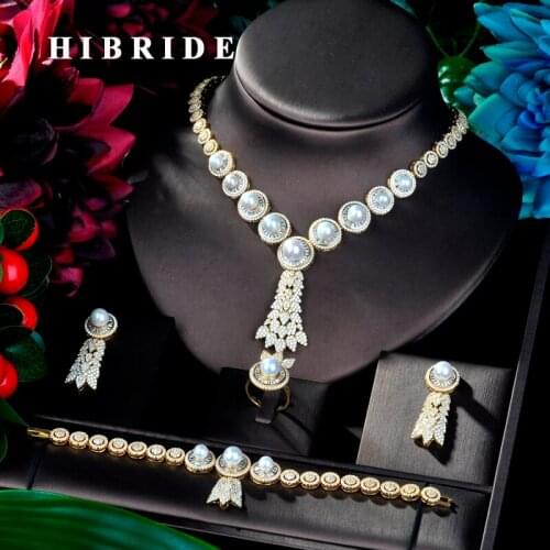 HIBRIDE Gold Color Fashion Design Pearl Women Bridal Jewelry Set Dress Necklace Earring Jewelry Set For Party Gits N-889