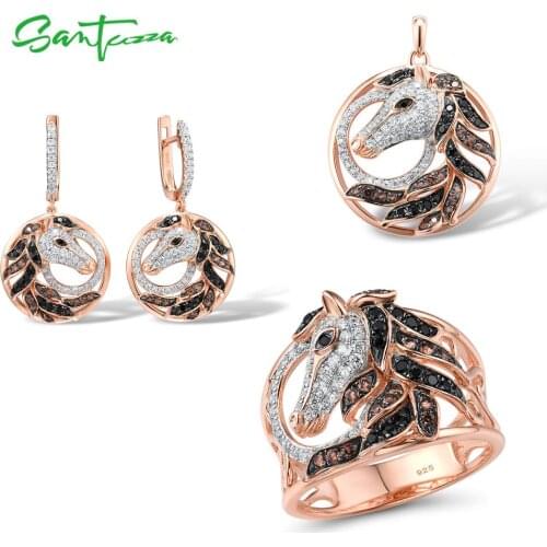 SANTUZZA Silver Jewelry Set For Women Pure 925 Sterling Silver Creative Black Brown Horse Ring Earrings Pendant Set Fine Jewelry