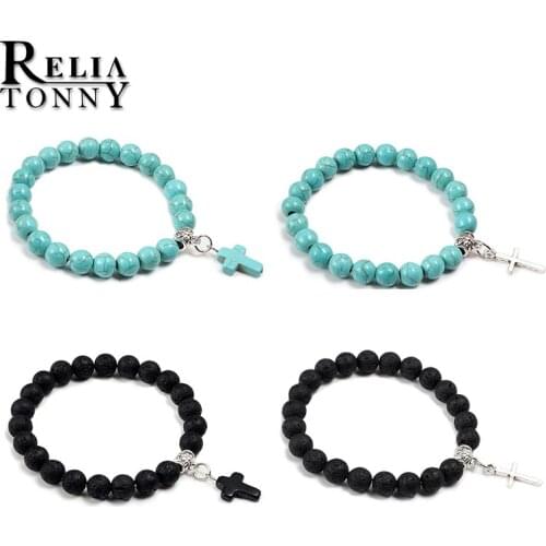 New Vintage Black Scrub Lava Beads Jesus Cross Bracelet &Bangle Women Meditating Prayer Religious Charm Bracelets Men Jewelry