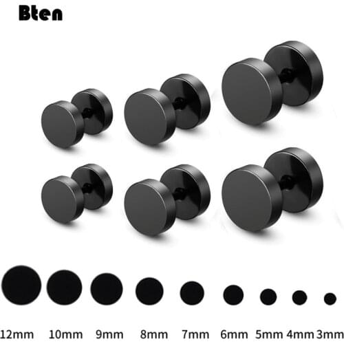 One Pair Black Stainless Steel Round Stud Earrings For Women Dumbbell Pierceing Earrings Men Punk Fashion Jewelry