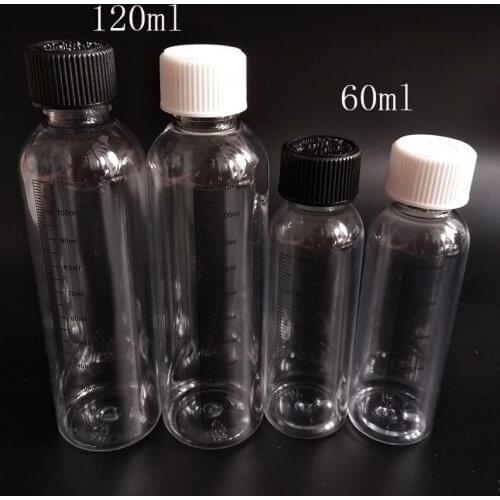 60ML 120ML printing measurement e Liquid bottle Plastic Refillable Graduation Scale Water Bottle with Twist Off Caps