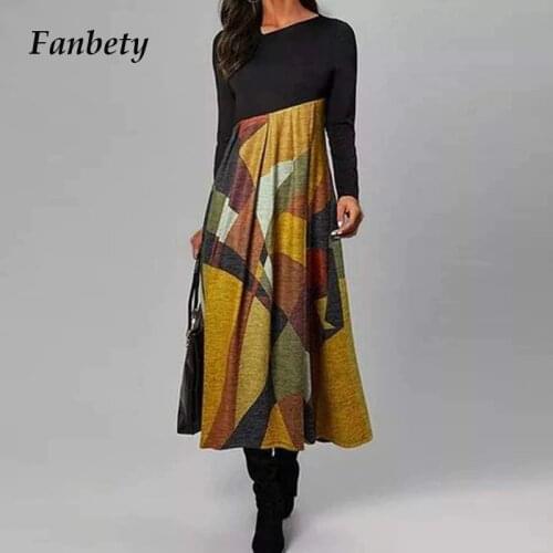 Women Elegant Cross V-Neck Print A-Line Dress Autumn Winter Vintage Long Sleeves Slim Party Dresses Female Casual Loose Vestidos