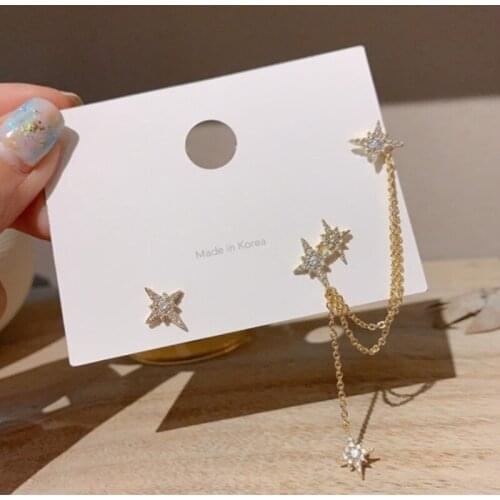 Asymmetrical Shining Rhinestone Stars Ear Clip Earrings Geometric Exaggerated Long Tassel Earrings New Trendy Statement Jewelry