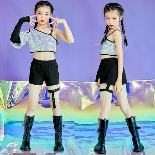 Hip Hop Dance Costumes Girls Jazz Performance Clothes Cheerleaders Street Dancing Wear Kids Silver Sequin Top Shorts sets