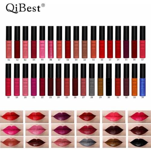 QiBest 34Pcs Waterproof Velvet Matte Lipstick Moisture Liquid Lip Stick Lipgloss Long Lasting Batom Brand Makeup Red Lipstick