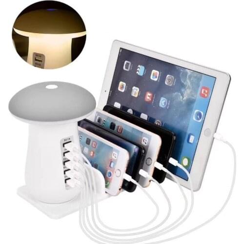 Multi 5 Port 50W USB Charger Station Hub Mushroom LED Lamp Charge Dock QC3.0 Fast Charging for Mobile Phone Tablet Power Adapter