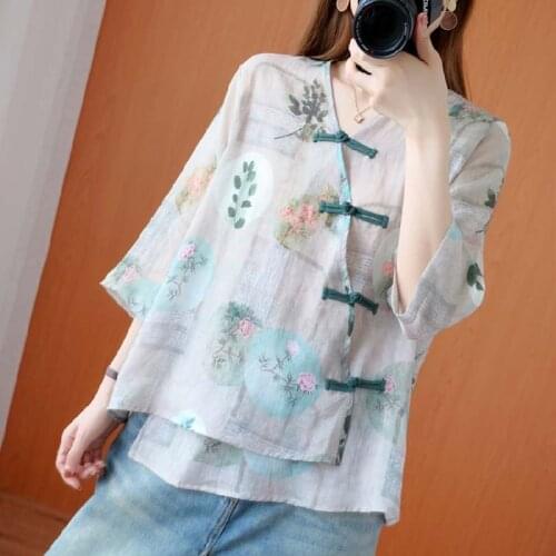 Chinese Style Clothing Women 2020 Summer Cheongsam Top Cotton Loose Chemise Oversize Femme Tunics Floral Vintage Shirts 11387