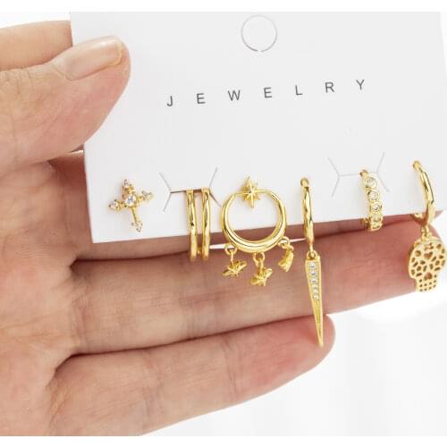 SIPENGJEL Fashion Inlaid Zircon Star Cross Small Hoop Earrings 6 Pcs Set Simple Korean Style Earrings For Women Sets Jewelry
