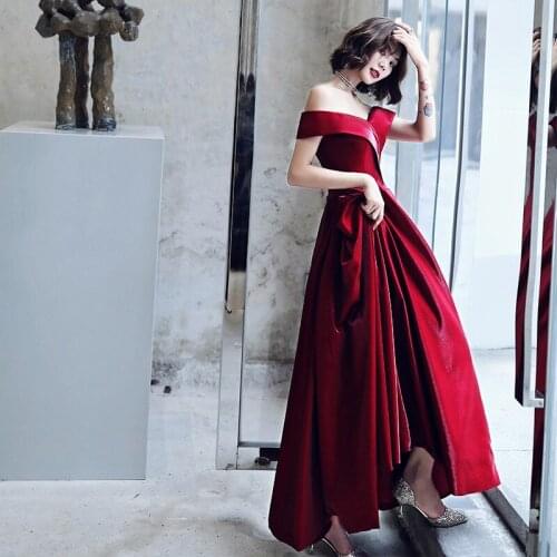 Bride High Quality Burgundy Sexy Off-Shoulder Satin Toast Clothing New Temperament Dresses Abito Da Sera