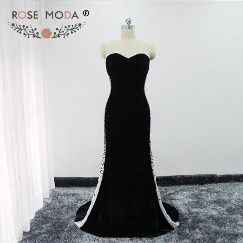 Rose Moda Sexy Black Mermaid Prom Dress Bling Velvet Formal Prom Dresses Cut Out Party Dress 2018