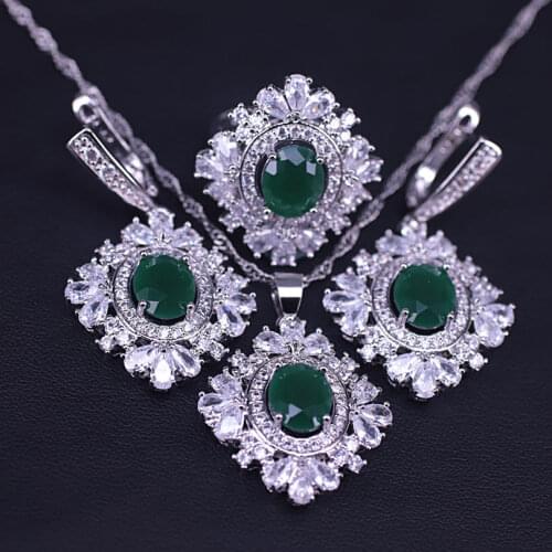 Apple Green Stone Silver Color Jewelry For Women Earrings Ring Necklace Set most attentive wedding anniversary jewelry